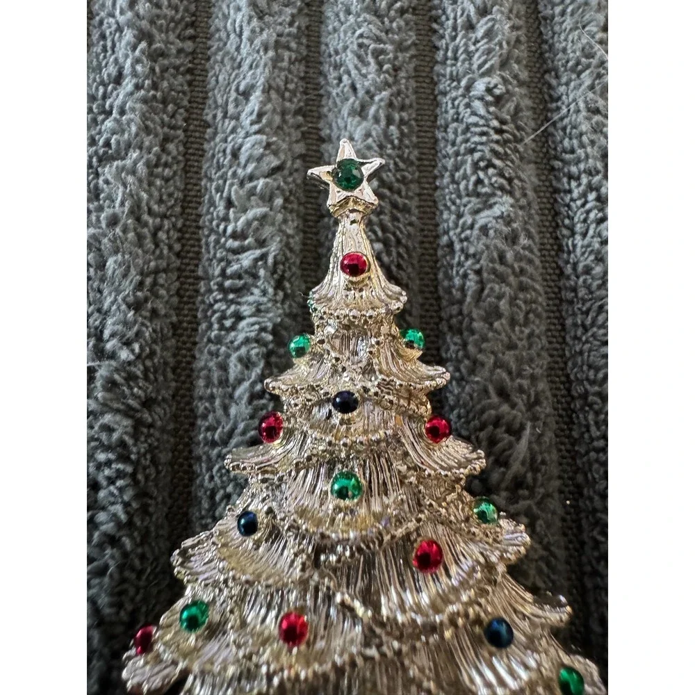 Steven Michael Christmas Tree Pin Brooch Rhinestone Presents‎ Gold Tone Star